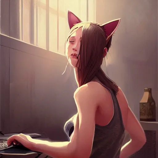 Image similar to cute woman wearing tank top and cat ears plays on computer, digital art, photorealistoc, art by greg rutkowski, hyperdetailed, western comic style, comic, comic style, sharp lineart, professional lighting, deviantart, artstation, trevor henderson, rossdtaws, cinematic, dramatic