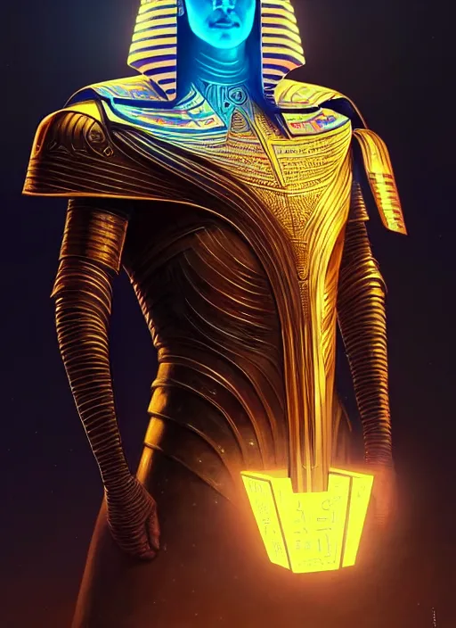 Image similar to portrait of egyptian god Horus, sci-fi armour, tech wear, glowing lights!! sci-fi, intricate, elegant, highly detailed, digital painting, artstation, concept art, smooth, sharp focus, illustration, art by artgerm and greg rutkowski and alphonse mucha