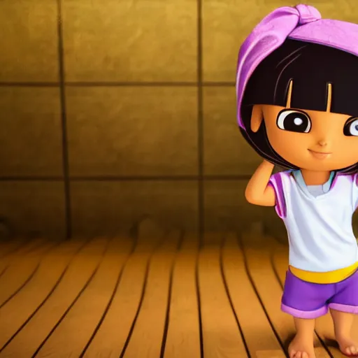 Prompt: dora the explorer in japanese bath house with towel on her head, masterpiece 4k, highly detailed, trending on artstation, award winning,