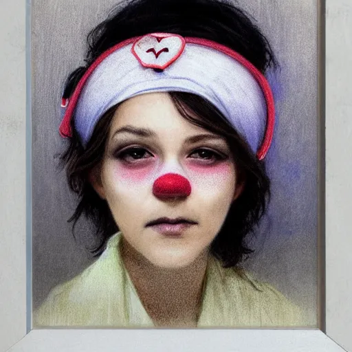 Prompt: clowncore pastel punk young hospital nurse wearing stylish head - wear. detailed, portrait, 8 k, artwork by jean - baptiste monge