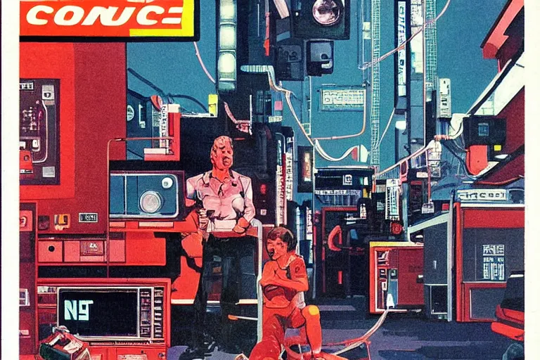 Image similar to 1979 Popular science Magazine Cover of a tv repair shop in neo-Tokyo in cyberpunk soviet style by Vincent Di Fate