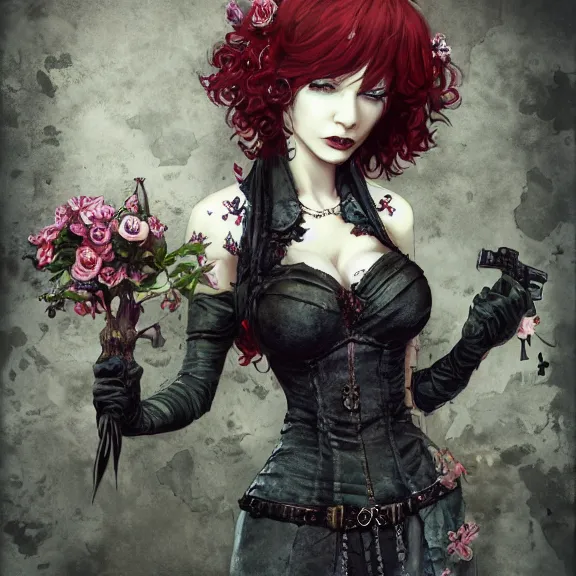 Image similar to goth christina hendricks with flowers in her hand, tankoban, 4 k, tone mapping, akihiko yoshida, james jean andrei riabovitchev marc simonetti, yoshitaka amano, long hair, curly, h. hydrochaeri