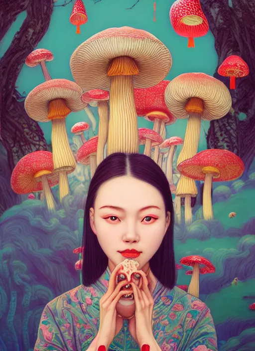 Image similar to pretty chinese girl holds hallucination mushroom : : by martine johanna and simon stalenhag and chie yoshii and casey weldon and wlop : : ornate, dynamic, particulate, rich colors, intricate, elegant, highly detailed, centered, artstation, smooth, sharp focus, octane render, 8 k