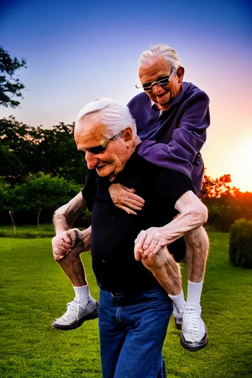 Image similar to elderly man carrying ted cruz piggyback, 8 k, award winning photograph, portrait, detailed faces, sunset in background, highly - detailed