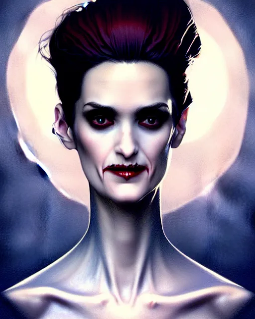 Image similar to gorgeous female Winona Ryder vampire sharp teeth in a confident dress, realistic character concept, medium shot, elegant pose, horror, illustration, slender symmetrical face and body, symmetrical eyes, artstation, cinematic lighting, hyperdetailed, Tom Bagshaw, Rafael Albuquerque, Norman Rockwell, single face, insanely detailed and intricate, beautiful, elegant, dark blue background