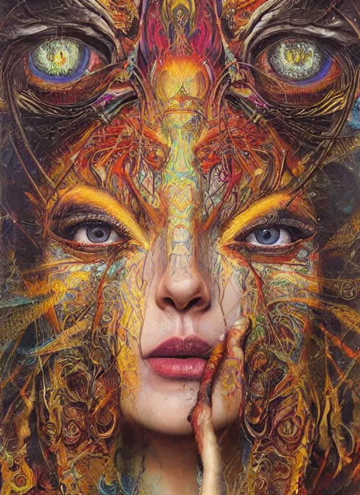 Prompt: ayahuasca ritual with shamans, painted face, third eye, energetic consciousness psychedelic, dmt, epic surrealism expressionism symbolism, perfect, by karol bak, louise dalh - wolfe, pablo amaringo, masterpiece