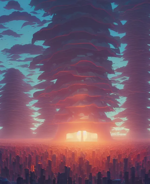 Image similar to minimalist building made from exotic fungus, crowds of people, by dan mumford, yusuke murata, makoto shinkai, ross tran, cosmic, hellish, god rays, cinematic, unreal engine, cel shaded, featured on artstation, pixiv