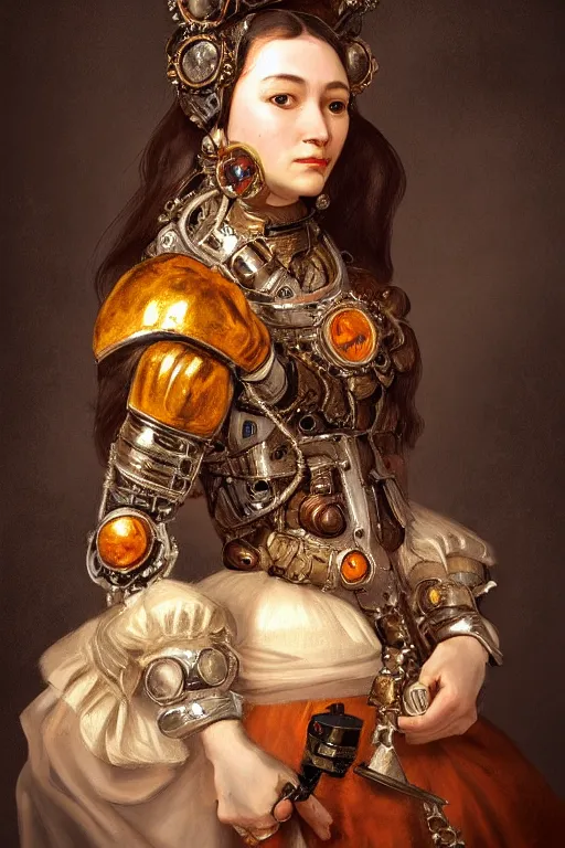 Prompt: portrait, headshot, digital painting, of a 17th century, beautiful cyborg girl merchant, dark hair, amber jewels, baroque, ornate clothing, scifi, futuristic, realistic, hyperdetailed, chiaroscuro, concept art, art by frans hals