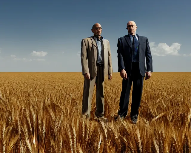 Image similar to extreme long shot of walter white and gustavo fring stand facing each other from a distance in a wheat field, low angle, side view, 8 5 mm photograph, 8 k resolution, wide shot, sharp lens, high detail, cinematic