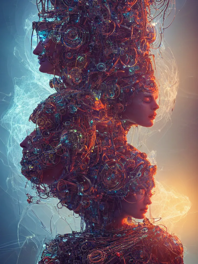 Prompt: an ancient mystical alluring female shaman generating flowing energy and surrounded by wisps of incense smoke sits meditating in a magical cybernetic robot temple, face face face, by android jones and vitaly bulgarov, 3 d, cinema 4 d render, trending on artstation