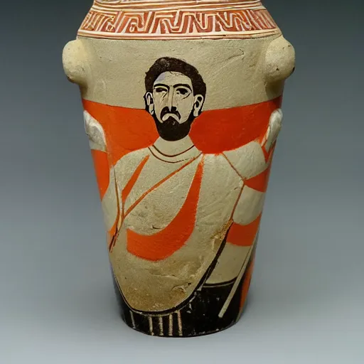 Image similar to a beautiful ancient greek amphora geometric art copy museum ceramic pottery vase depicting stalin waving