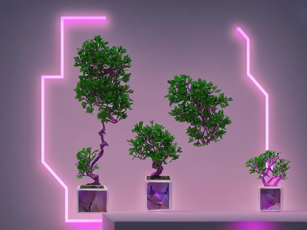 Image similar to beautiful mannequin sculpted out of amethyst by billelis + lit with geometric neon + iridescent geometric cubed bonsai plants!!!!, doorway opening with neon pink geometric light, clean linework, dramatic, finely detailed, rule of thirds, moody, award winning, 4 k, trending on artstation, photorealistic, volumetric lighting, octane render