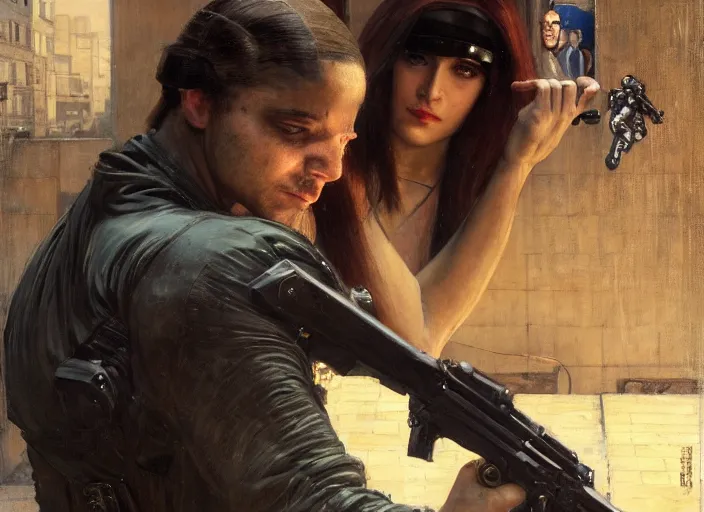 Image similar to Maria evades sgt Nash. Cyberpunk hacker in jumpsuit escaping menacing police troopers (blade runner 2049). beautiful face. flip. Iranian orientalist portrait by john william waterhouse and Edwin Longsden Long and Theodore Ralli and Nasreddine Dinet, oil on canvas. Cinematic, hyper realism, realistic proportions, dramatic lighting, high detail 4k