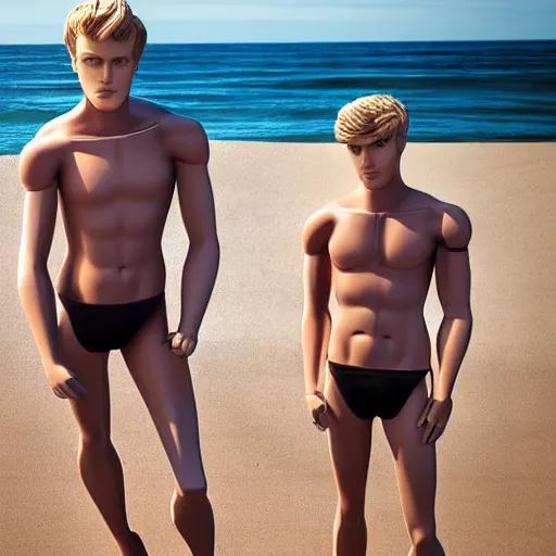 Image similar to a realistic detailed photo of a guy who is an attractive humanoid who is half robot and half humanoid, who is a male android, youtubers jake paul & logan paul, shiny skin, posing like a statue, blank stare, at the beach, on display