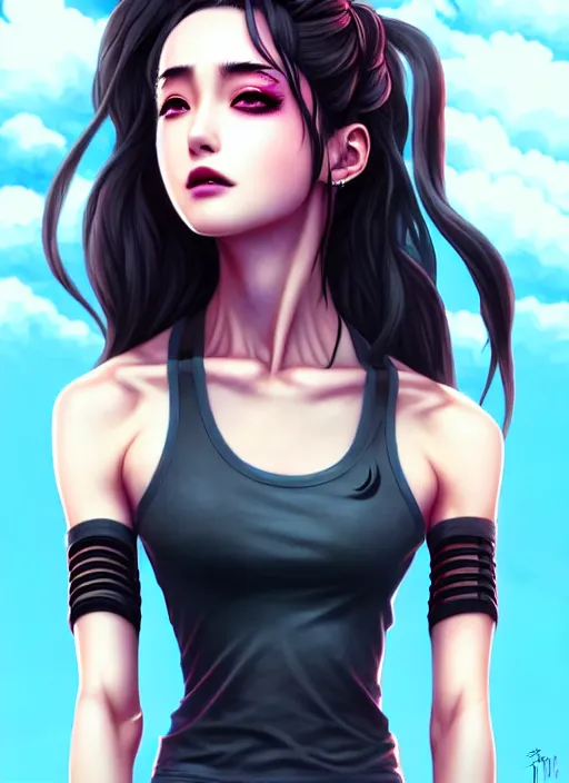 Image similar to a portrait of dilraba dilmurat as revy from black lagoon, smirk, black tank top, jean shorts, symmetrical eyes, symmetrical face, art by lois van baarle and loish and ross tran and rossdraws and sam yang and samdoesarts and artgerm, digital art, intricate, sharp focus, unreal engine 5