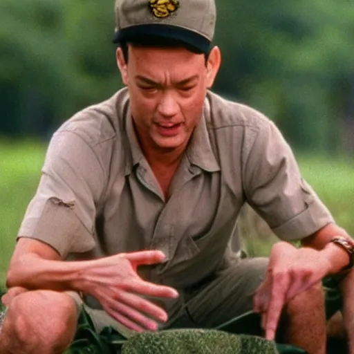 Image similar to Tom Hanks as forrest gump has giant shrimp heads instead of hands, hyper realistic, 8k resolution, amazing detail