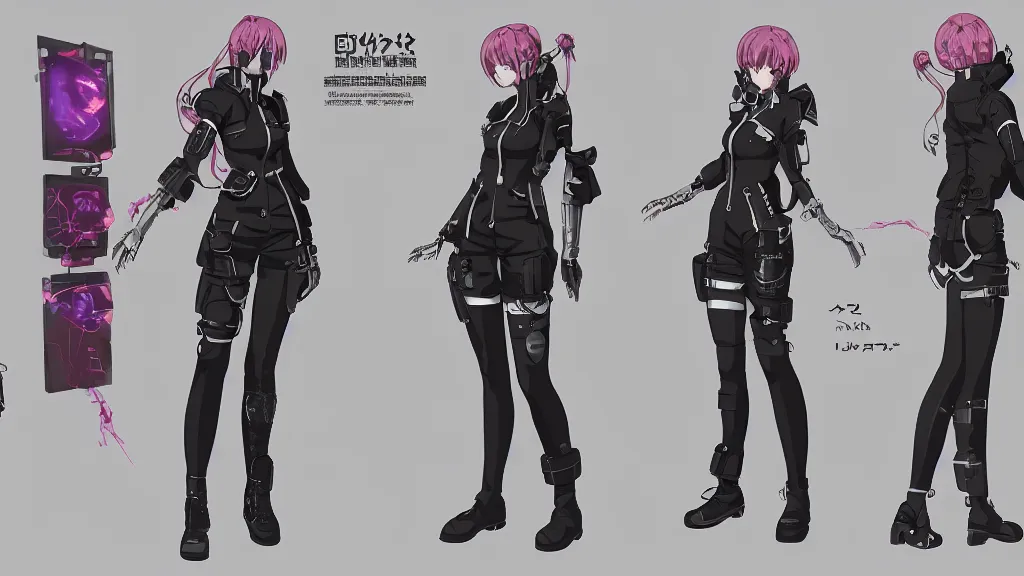 Image similar to An anime character reference sheet of a female cyberpunk character, trending on artstation