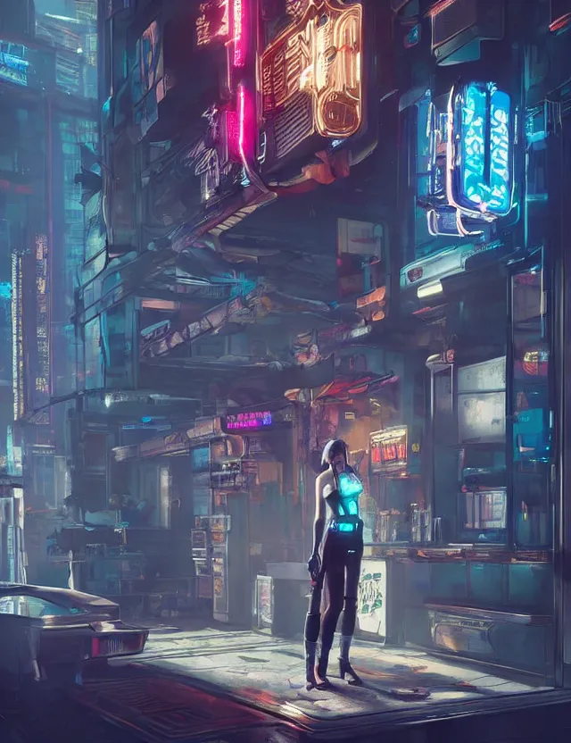 Prompt: a young female waitress as cyberpunk 2 0 7 7 concept art, art by ryo shiotani and greg rutkowski, intricate, beautiful, cute, cinematic lighting, vintage art by serge ivanoff, high resolution, very detailed