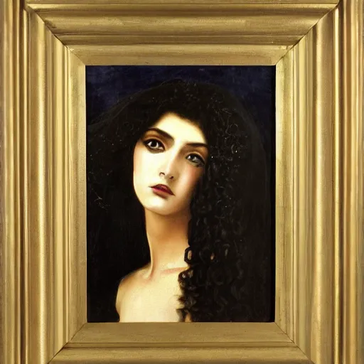 Image similar to oil painting of princess Vulvine, Hungarian, curly dark hair, fair skin, funeral veil, dark ominous by Georgia o Keeffe, by Marcel Jankowicz, by Botticelli, by Gustave Moreau, concept art, master