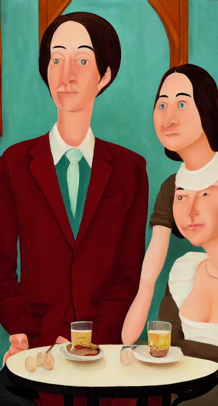 Image similar to creamy, delicious painting, portrait of a couple on a date, by wes anderson