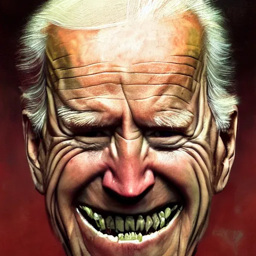 Image similar to a portrait of joe biden, flesh eating worms, macabre, horror saw teeth, horror rotten teeth, peeling face skin, by donato giancola and greg rutkowski and wayne barlow and zdzisław beksinski, realistic face, visible face, digital art, artstation, symmetry