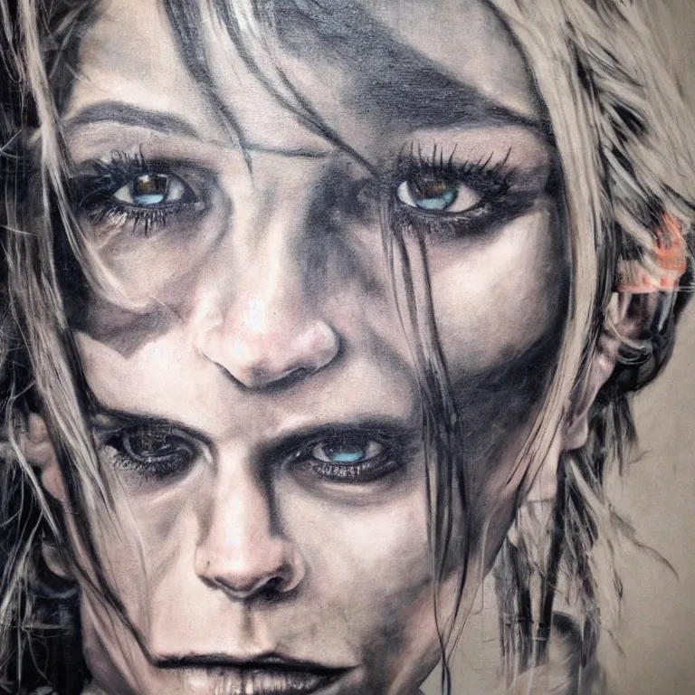 Image similar to Street-art portrait of The Girl with the Dragon Tattoo in style of Etm Cru, photorealism