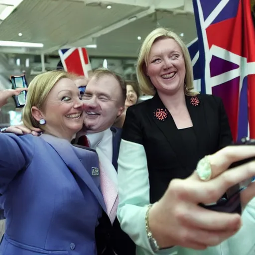 Prompt: a smiling Liz Truss takes a selfie as a nuclear bomb explodes behind her