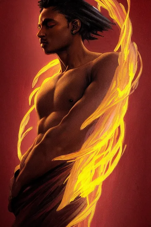 Prompt: portrait of a beautiful young fit male spirit with fire hairs and coal black skin, fire halo, by greg rutkowski and alphonse mucha, d & d character, gradient red to yellow, in front of a desert background, highly detailed portrait, digital painting, artstation, concept art, smooth, sharp focus ilustration, artstation hq