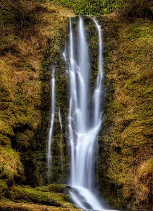 Prompt: waterfall falling into a lake, photograph, landscape photography, sigma 5 0 mm, award winning, soft lighting, 4 k, hd