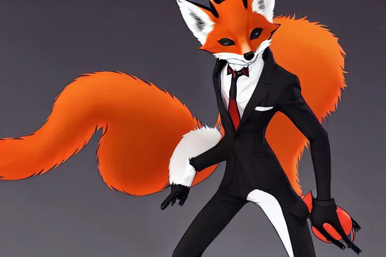 Image similar to a furry tan male fox on a persona 5 : royal ( by atlus ) video game splash screen, a furry male sandcolored tan fox fursona ( has hair ), persona 5 phantom thief style