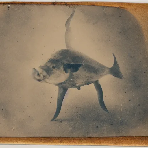 Image similar to tintype photo, swimming deep underwater, pig squid