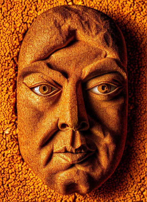 Image similar to face made of walnuts, sharpfocus, photorealism, soft diffuse autumn lights, some sun light ray, dark room wall, canon 5 d 5 0 mm lens