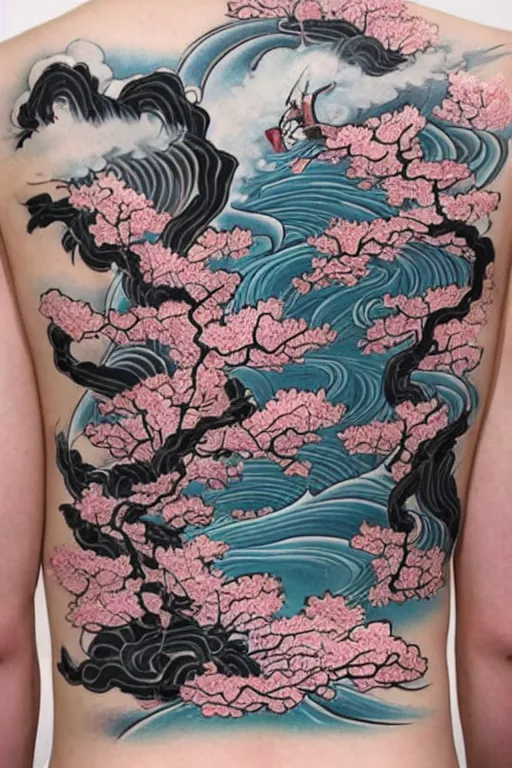 Image similar to back tattoo of cherry blossom tree floating over a tidal wave, in japanese traditional art style