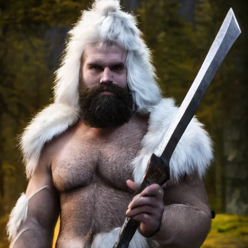 Prompt: a dnd barbarian half frost giant with pale skin and short black beard and hair wearing a fur coat, shoulder armor and holding an axe, neatly trimmed black beard, high resolution film still, 4k, HDR color
