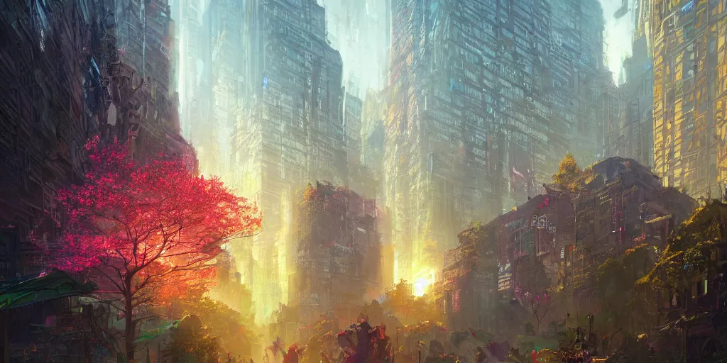 Prompt: a fantasy solarpunk new york city, illustration by greg rutkowski, bright sunlight, sun glints, vivid and colorful trees and plants and flowers, digital art, 8 k, trending on artstation