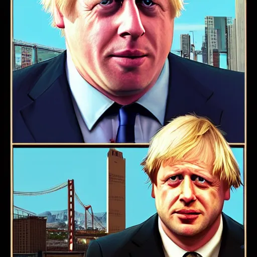 Image similar to Boris Johnson in GTA V, cover art by Stephen Bliss, boxart, loading screen