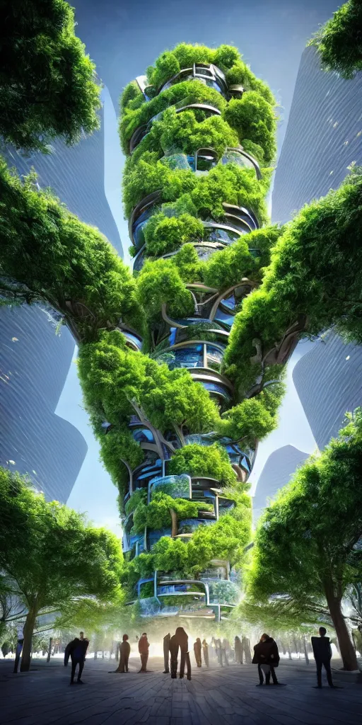 Prompt: high quality photo of futurist biophilic vertical city with giant oak tree in the middle and homeless people praying cinematic lighting