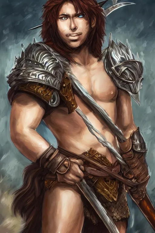 Image similar to A realistic anime portrait of a young handsome male barbarian with long wild hair, intricate fantasy spear, plated armor, D&D, dungeons and dragons, tabletop role playing game, rpg, jrpg, digital painting, by Ayami Kojima, digtial painting, trending on ArtStation, SFW version