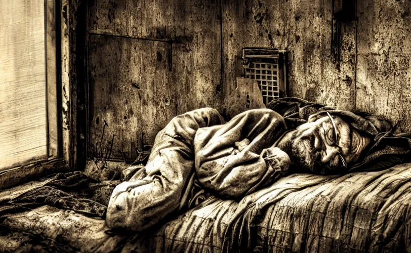 Prompt: old decrepit man sleeping inside, mech, ww 3, resting, gritty, apocalyptic, poster
