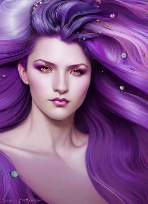 Image similar to Purple hair relistic Portrait of a woman with bright colored flying hair, all shades of purple. Hair coloring, long hair, fantasy, intricate, elegant, highly detailed, digital painting, artstation, concept art, smooth, sharp focus, illustration, art by artgerm and greg rutkowski and alphonse mucha