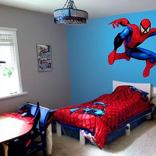 Prompt: room of spiderman fans, is mess, bedroom, chair, teenager room, wide shot