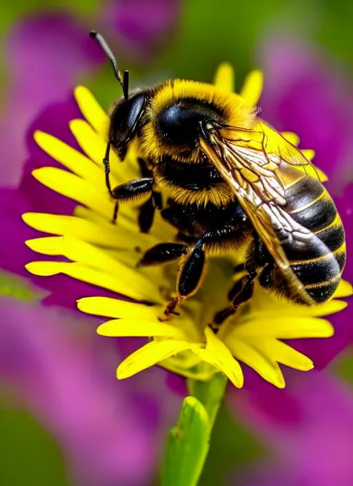 Prompt: a macro photo of a bee on a flower