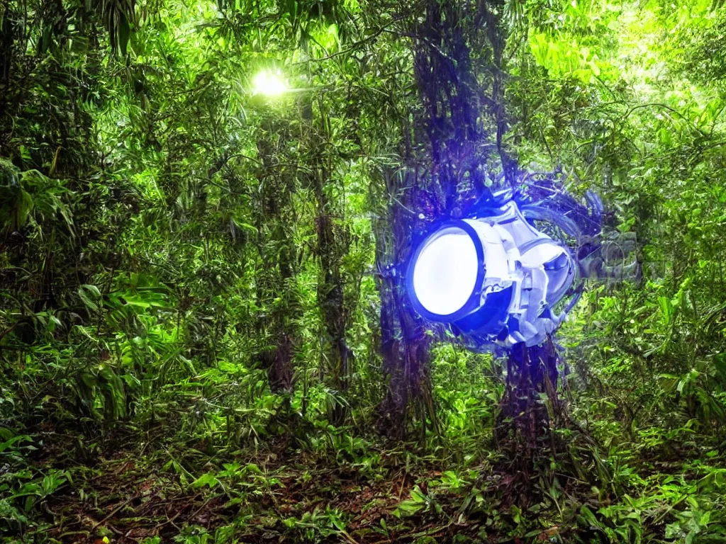 Prompt: alien technology hidden in the jungle, glowing futuristic alien technology, HD photography