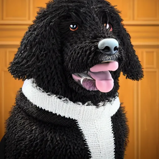 Image similar to a closeup photorealistic illustration of a smiling knitted bernedoodle judge dog dressed in a black gown, presiding over the courthouse. this 4 k hd image is trending on artstation, featured on behance, well - rendered, extra crisp, features intricate detail, epic composition and the style of unreal engine.