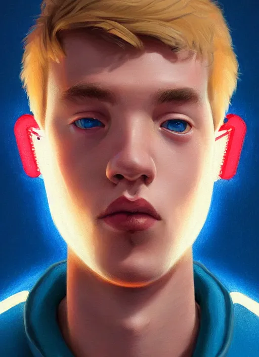 Image similar to portrait of high school senior boy named big moose, blonde short hair, jock, beefy, wide face, square jaw, square facial structure, blue varsity jacket with letter r, intricate, elegant, glowing lights, highly detailed, digital painting, artstation, concept art, sharp focus, illustration, art by wlop, mars ravelo and greg rutkowski