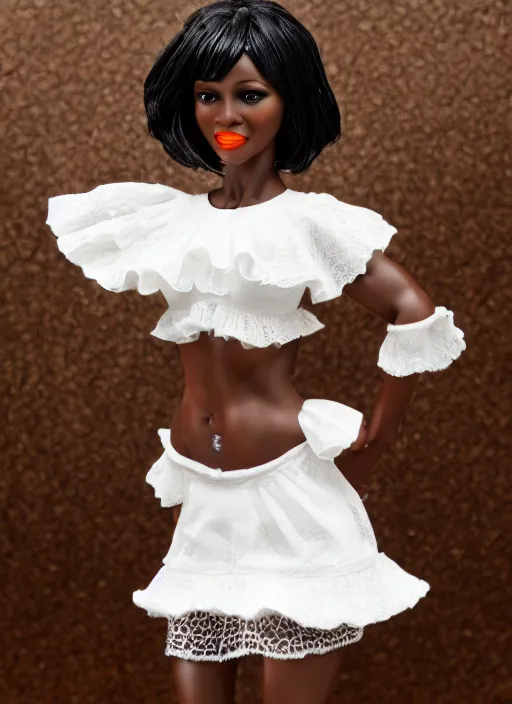 Prompt: Product Introduction Photos, 4K, Full body, 80mm resin detailed miniature of a very muscular Black Woman in white and lacy ruffled mini-skirt, dark skin, black hair