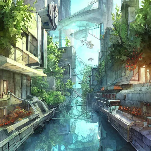 Image similar to Narrow cosy waterway in beautiful overgrown futuristic sci-fi city in harmony with nature. Nice colour scheme, soft warm colour. Beautiful detailed watercolor by Lurid. (2022)