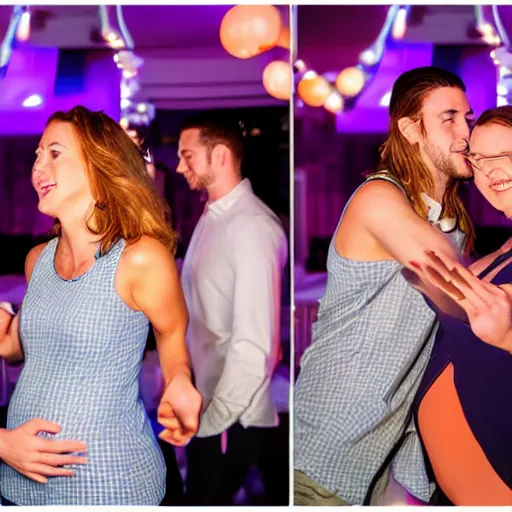 Prompt: a cute couple doing the bump on the dancefloor. freedom. being loose. pleasure. midnight. outdoors and indoors. varying angles. high - res photography.