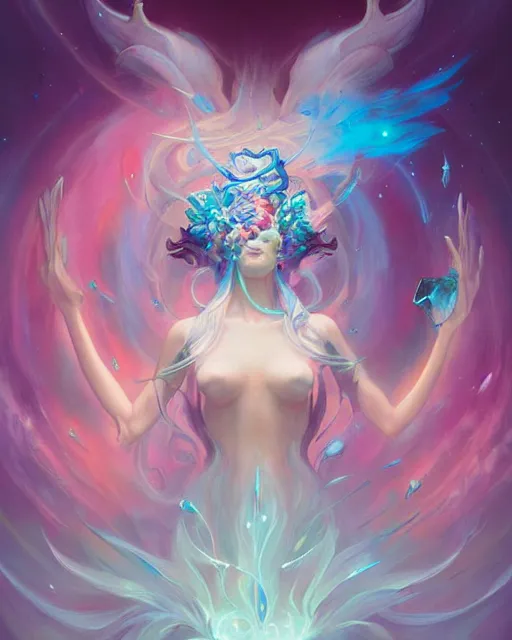 Prompt: crystalline time priestess, peter mohrbacher, artgerm, radiant light, floral explosion