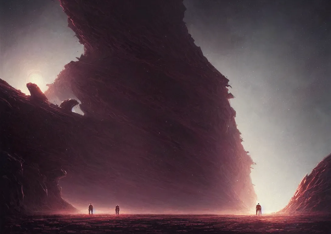 Image similar to ( ( astronaut exploring a strange surface of another planet at dusk ) ), ( ( ruins of ancient civilization ) ), ultra high definition, ultra detailed, symmetry, sci - fi, dark fantasy, in style of heavy metal comic, dark and horror style, metal by greg rutkowski and ross tran
